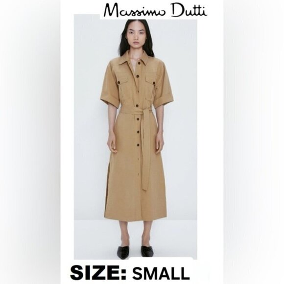Massimo Dutti - Ladies Midi Shirt Dress - Brown/Tan.  Size: S (US). NWT - Picture 1 of 7